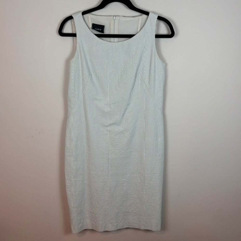 AKRIS Womens Blue Seersucker Sleeveless Sheath Lined‎ Dress sz 4 Classic Summer